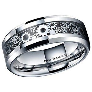 Mens Tungsten Wedding Band 8mm. Wedding Band Silver Mechanical Gears Over Black.